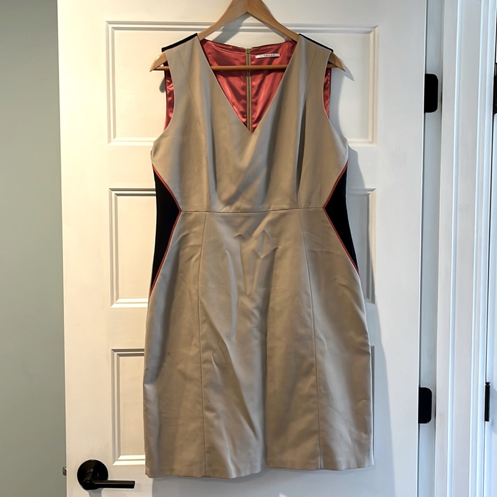 T Tahari Khaki and Navy V-neck Sheath Dress. Size 12. Silk lined.